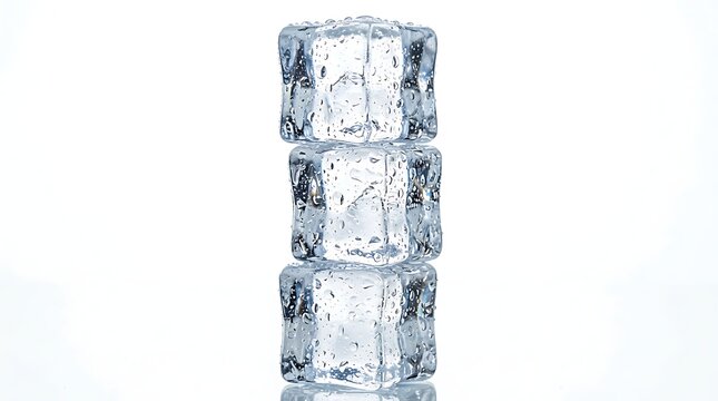 Three clear cold ice cubes stacked vertically on top of each other