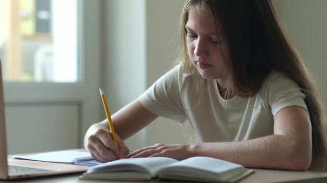Sad tired teen girl doing homework. Unhappy schoolgirl studying at home. Back to school concept