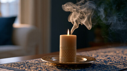 Fototapeta premium smoke wisp dark background with single thread of pale vapor rising from extinguished beeswax candle in minimalist meditation space after evening Rosh Hashanah observance ceremony