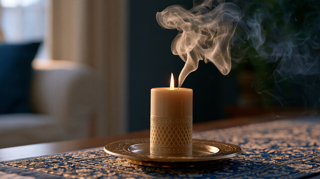 smoke wisp dark background with single thread of pale vapor rising from extinguished beeswax candle in minimalist meditation space after evening Rosh Hashanah observance ceremony