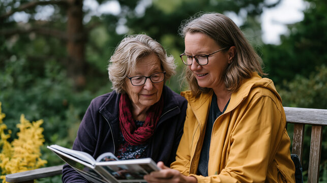 Elderly Alzheimer's patient with adult daughter at memory care facility garden during World Alzheimer's Day September awareness week, afternoon overcast sky, caregiver holding