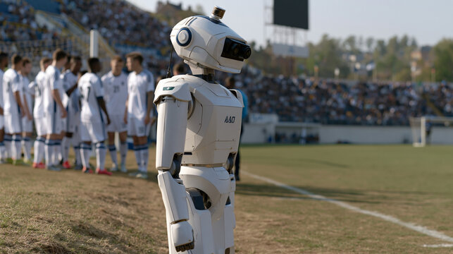 Autonomous officiating robot standing on a soccer sideline using multi-angle cameras to review a contested offside ruling while players cluster nearby in debate, stadium crowd
