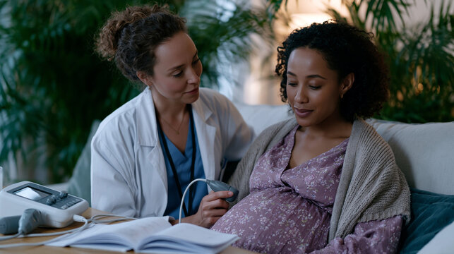 Midwife conducting a home visit for a surrogate mother in her third trimester, portable monitoring equipment on a dining table, pregnancy notes fanned open, the surrogate seated