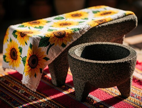 Traditional stone metate covered with sunflower cloth stands near volcanic rock molcajete tool. Ancient Mexican grinding equipment sits on red patterned rug. Rustic kitchen utensils for homemade