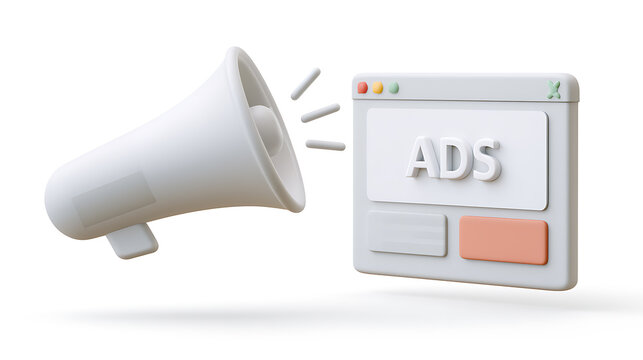 Digital marketing concept with a 3D rendered megaphone and an internet browser window displaying an 'ADS' message, symbolizing online promotion and outreach