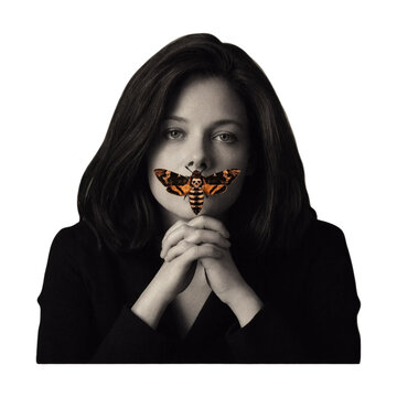 Woman holding death head moth over mouth silhouette as cut out PNG