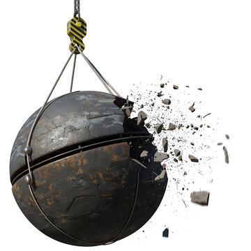 Demolition Ball Impact: A large, rusty demolition ball swings from a crane, shattering a spherical object into a million pieces, symbolizing destruction and powerful force.