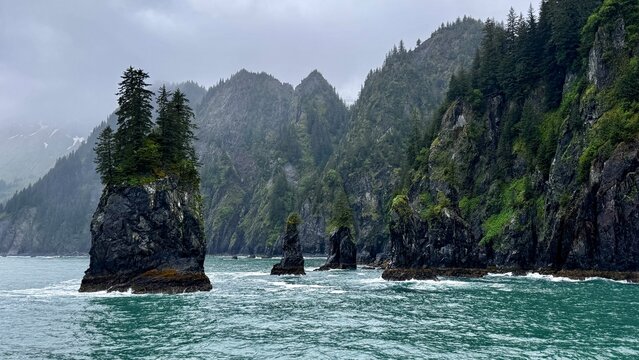 Sea stacks along the rugged coast of Kenai Fjords National Park, Alaska