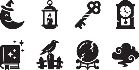 Black and white cute halloween magic elements set spooky icons vector background pattern smiling moon vintage key crystal ball © rofikgraph24