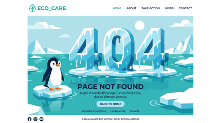A 404 error page with a melting ice theme, featuring a penguin on an ice floe, symbolizing climate change and environmental awareness. © Quensha
