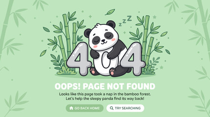 A cute sleeping panda illustration with "404 Page Not Found" error message in a bamboo forest, featuring a light green background and navigation buttons. © Quensha