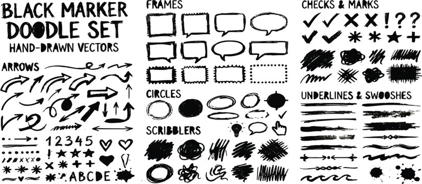 Comprehensive set of black marker doodle vectors and design elements with handdrawn scribble illustration creative artistic decoration ornament
