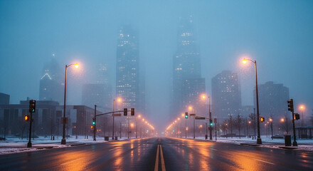 Obraz premium Atmospheric City Street in Dense Fog with Glowing Streetlights and Tall Skyscrapers at Dusk