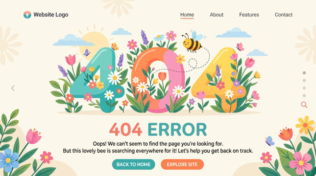 Whimsical 404 error page illustration with colorful floral numbers, a flying bee, and nature elements, offering navigation options for a lost website.