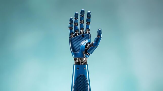 Blue bionic prosthetic hand against teal background.