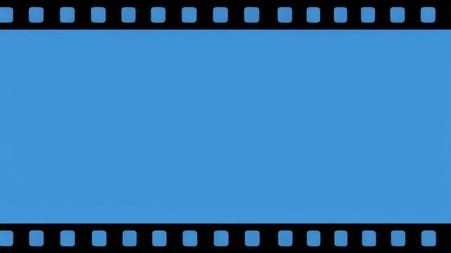 Abstract blue film strips moving with perforation details in cinematic motion against black background