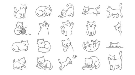 Hand drawn line art cat icon set featuring cute kittens in various playful everyday poses. © Tah