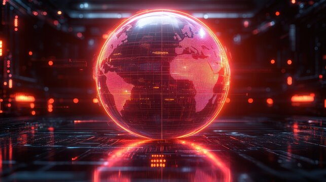 A bright red globe rotates set against a high tech backdrop filled with glowing lights