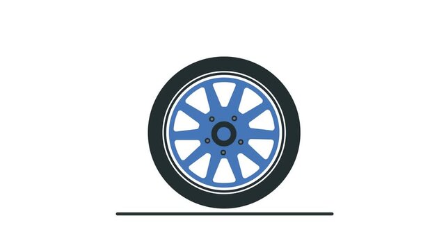 Blue car tire with alloy rim bouncing on flat black road surface in a smooth digital animation video clip showcasing rhythmic suspension movement for automotive branding and commercial design projects