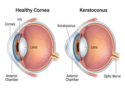 Comparison of healthy cornea and keratoconus eye diagram isolated on white background