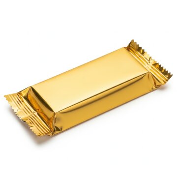 Single chocolate bar in gold foil wrapper with chocolate metallic confectioner