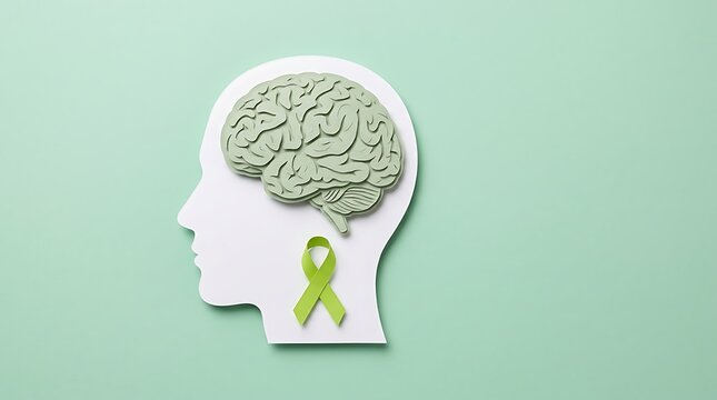 Human head profile with a brain and a light green mental health awareness ribbon