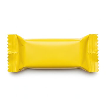 Single yellow small snack bar wrapper isolated on white background with template