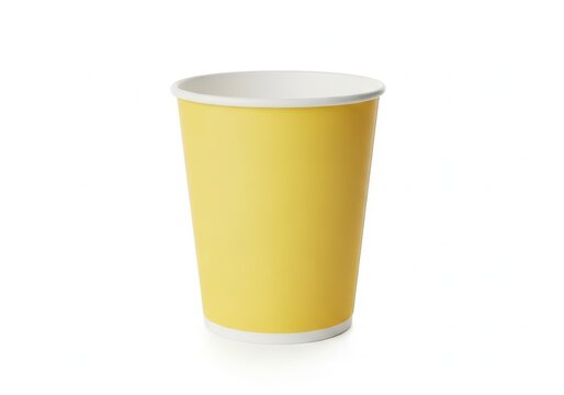 Single empty yellow paper cup isolated on white background with disposable