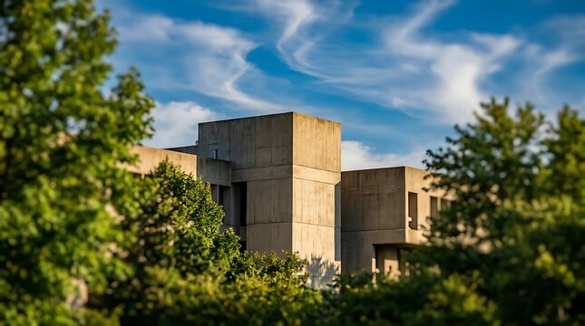 Brutalist concrete architecture surrounded by green trees.