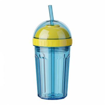 Transparent blue reusable tumbler cup with yellow lid and straw, beverage