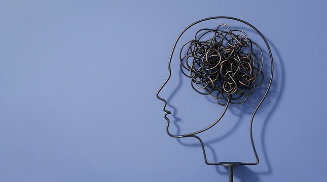 Human head profile with a messy tangled wire brain on a purple background