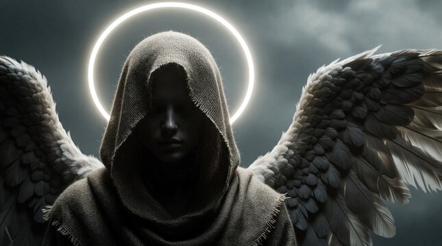 Angel wears burlap robe with glowing neon halo. Supernatural large feathery wings. Dark moody sky background creates divine atmosphere. Mythical spirit stands in shadow. Ethereal character represents