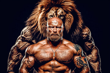Fototapeta premium Powerful Tattooed Man Standing Before Fantasy Lion