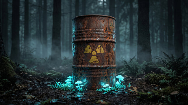 Rusty radioactive barrel in dark forest. Toxic waste container with glowing mushrooms.