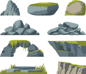 Natural Rocks and Mossy Boulder Vector Collection Featuring Mountain Clifftops, Stone Arch, Pile of Pebbles, and Rocky Platform Elements for Landscape Designs © mstSultanaAkter