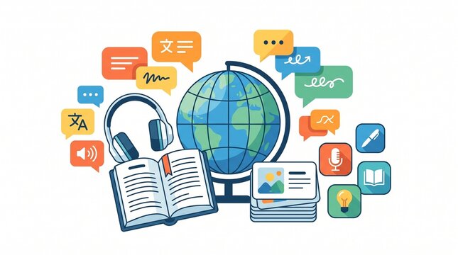 Language learning concept with globe and book. Global education icons and headphones. International communication and study tools.