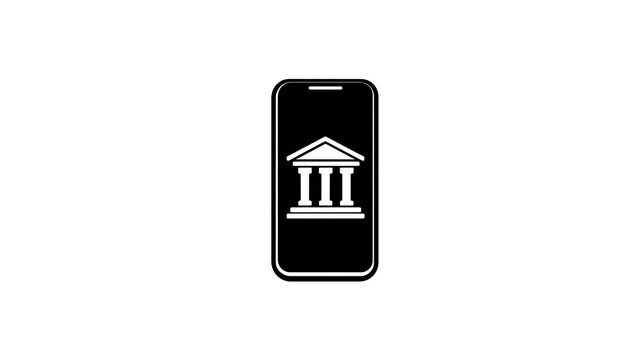 A smartphone displaying a bank icon, symbolizing mobile banking and financial technology. The icon features a classical building facade with columns and a pediment.