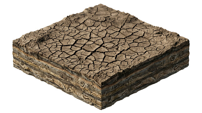 Isometric slice of dry cracked earth with underground strata isolated on white background