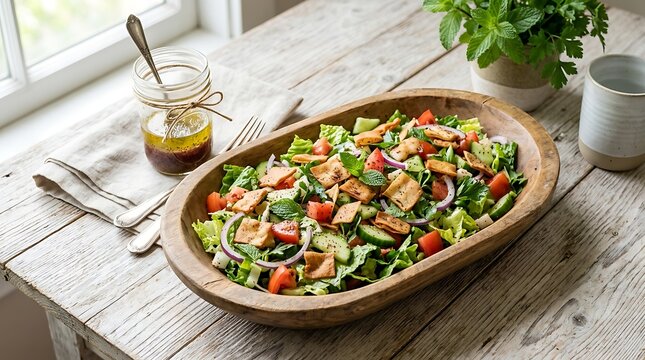 Fresh fattoush salad with vegetables and pita bread in a rustic wooden bowl