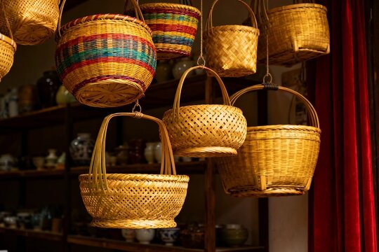 Handwoven Bamboo Baskets Displayed in Traditional Setting