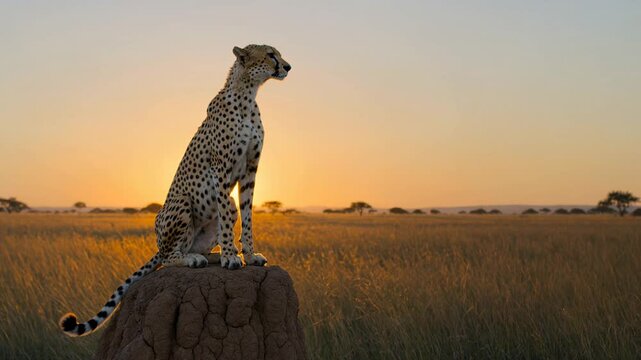 Lone cheetah watching the stunning african sunrise while sitting on a termite mound in the wild savanna. Majestic feline predator scouting for prey in the serengeti or masai mara