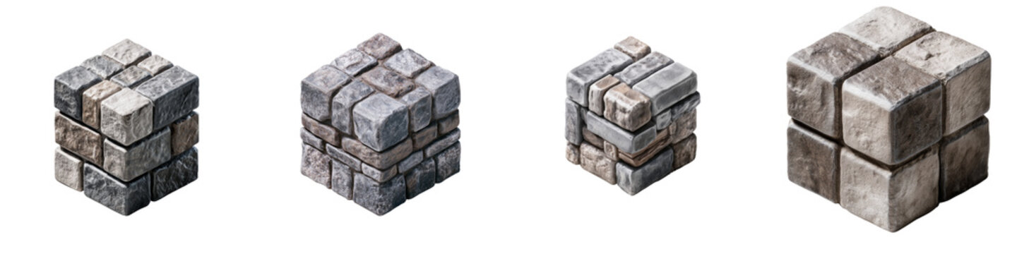 Set of four different stone cubes with various textures and masonry styles isolated on transparent background