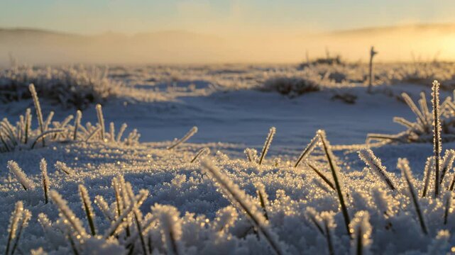 Golden morning sunlight illuminating blades of grass covered in sparkling frost and hoarfrost on a cold winter day with a misty background and beautiful bokeh