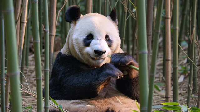 Adorable giant panda bear sitting in a bamboo forest eating a fresh stalk and looking around, showcasing the typical diet and natural habitat of this endangered species