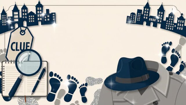 Detective investigation frame with magnifying glass and footprints
