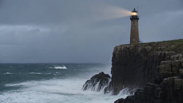 Powerful ocean wave crashing against a rugged cliff with a lighthouse during a dramatic storm, showcasing the raw force of nature against a resilient coastal beacon