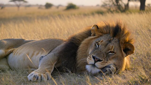 Majestic male lion resting in the golden african savanna grass during a beautiful sunrise, looking directly at the camera with a peaceful expression and warm light
