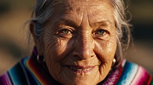 Smiling elderly woman in colorful poncho at golden hour