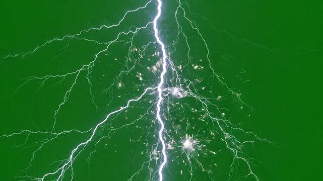 Realistic lightning bolt strike on green screen background with video realistic white lightning bolts striking through dark sky solid green background chroma key thunderstorm