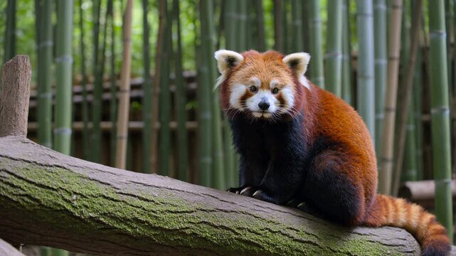 Curious red panda sitting on a mossy tree branch in a lush green bamboo forest, attentively looking at the camera and moving its head, revealing its cute fluffy ears and tail